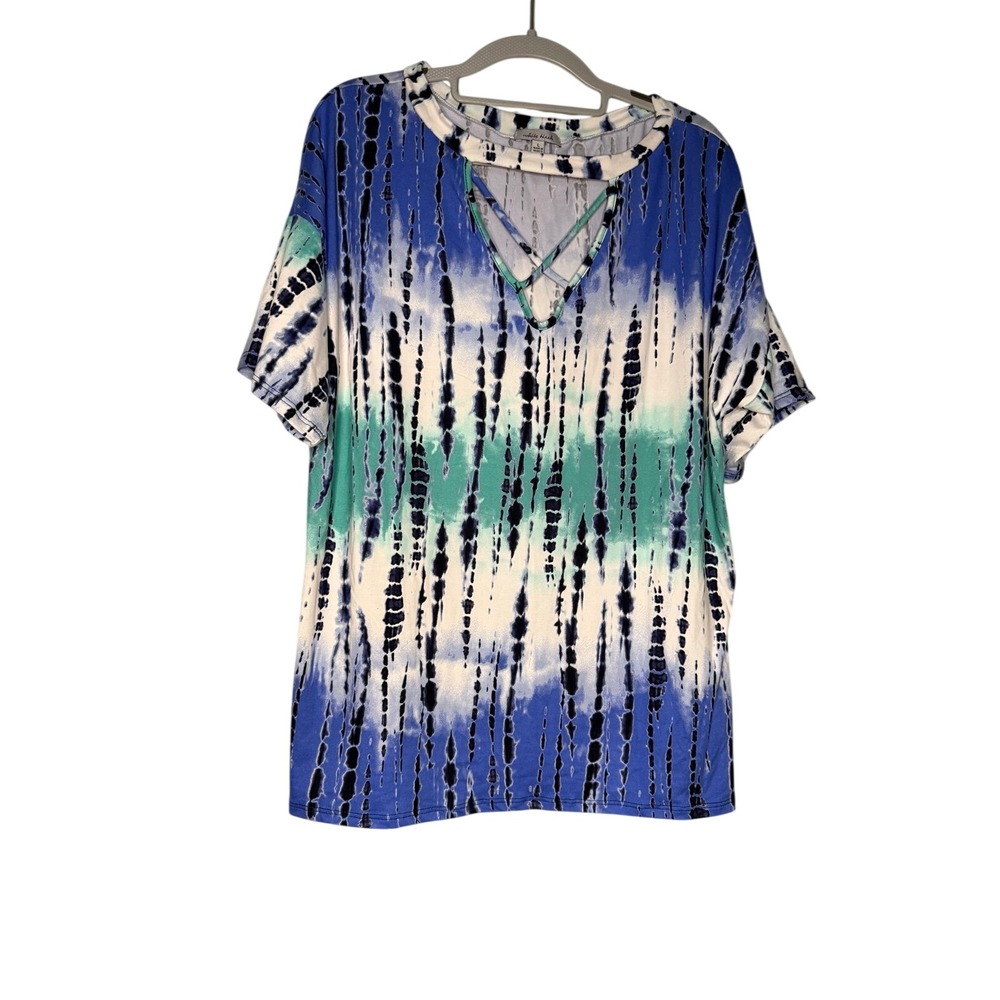 White Birch striped blue green and white tie dye v neck cut out t-shirt soft